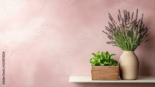 A lovely pink backdrop complements a stylish container of lavender and fresh greenery, creating a delightful scene that's perfect for uplifting decorative aesthetics. photo