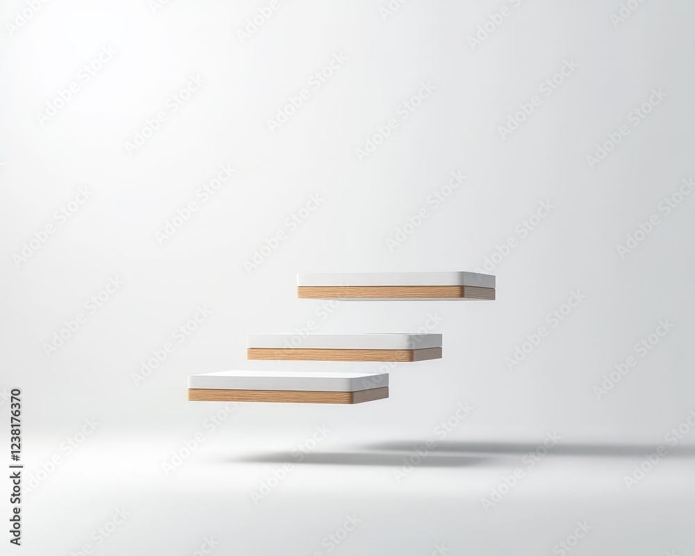 Three shelves are floating in the air, with one shelf on top of the other Three shelves are floating in the air, with one shelf on top of the other