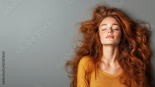 A beautiful young woman with flowing red hair relaxes with her eyes closed, exuding tranquility and inner peace, against a minimalistic gray background. photo