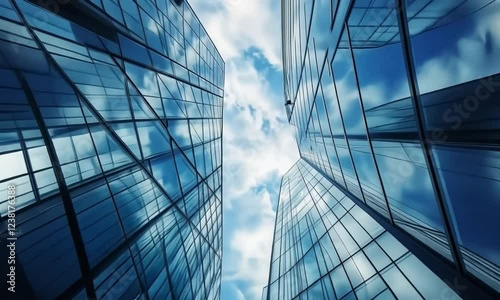 Low Angle View of Modern Glass Skyscrapers Against a Blue Sky