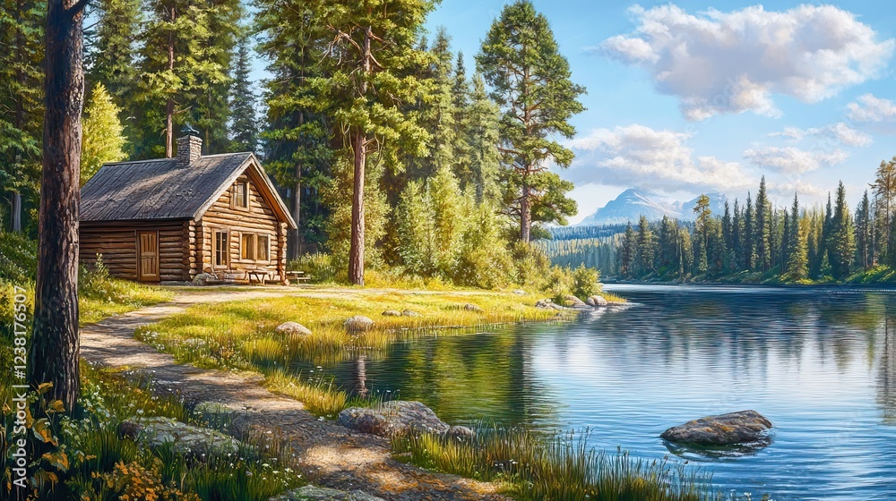 Obraz premium Log Cabin Nestled by a Peaceful Forest Lake. AI generated image
