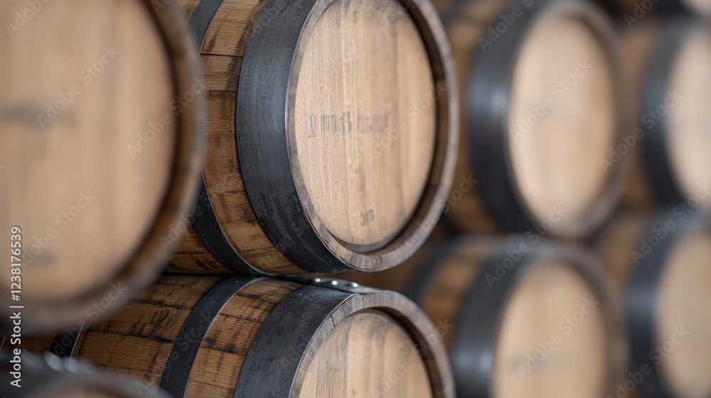 Oak barrels stacked in warehouse, aging process Oak barrels stacked in warehouse, aging process