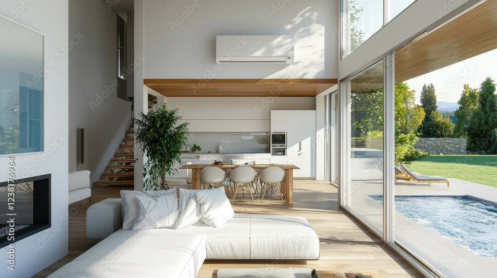Modern Open Concept Living Space with Floor to Ceiling Windows Modern Open Concept Living Space with Floor to Ceiling Windows