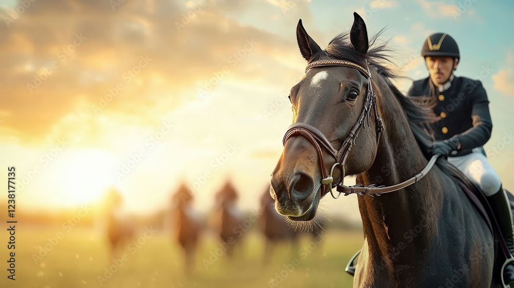 Obraz premium A man is riding a horse in a field with a sunset in the background