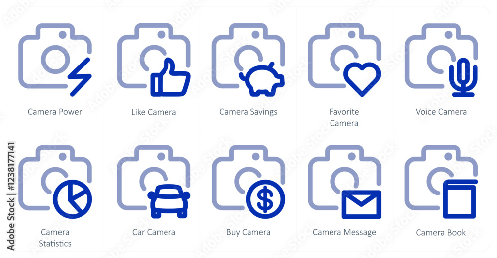 Fototapeta premium A set of 10 camera icons as camera power, like camera, camera savings