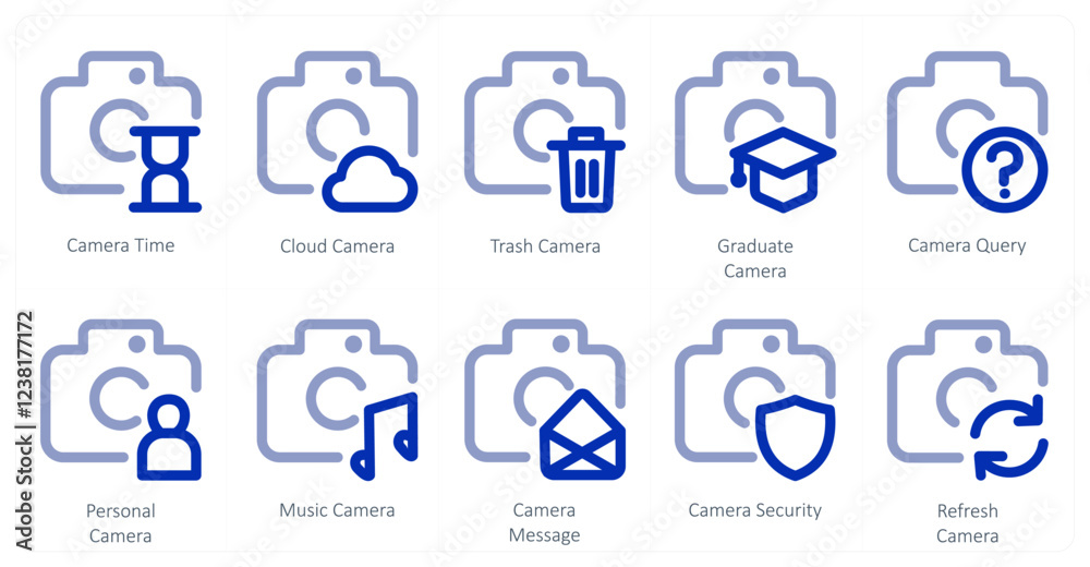 A set of 10 camera icons as camera time, cloud camera, trash camera A set of 10 camera icons as camera time, cloud camera, trash camera