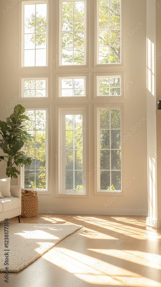 Fototapeta premium Bright and Spacious Living Room with Large Windows and Greenery