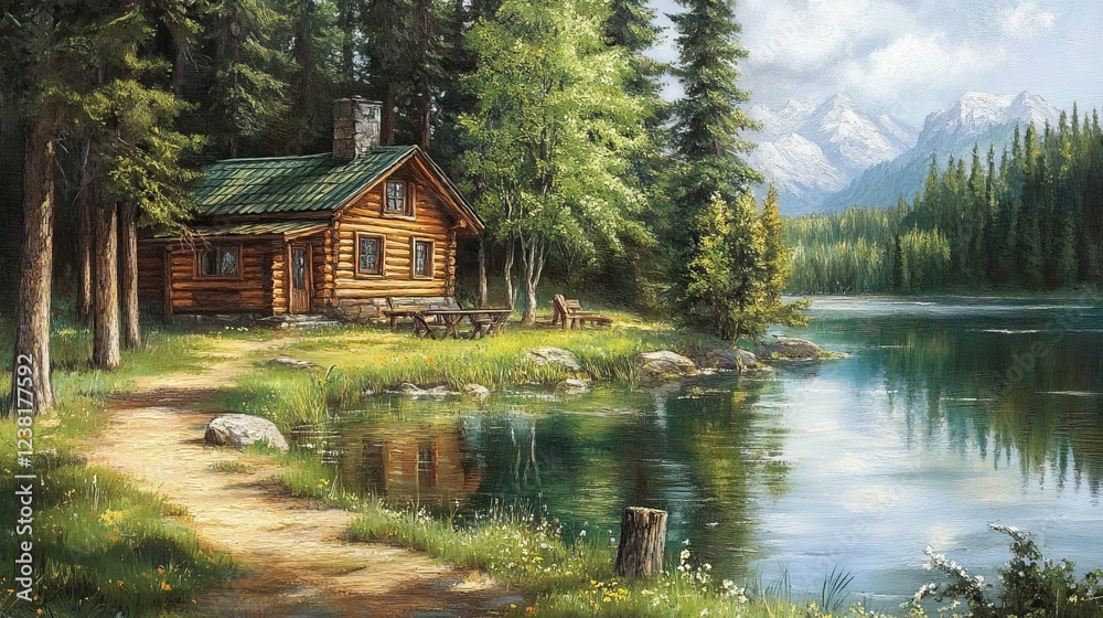 Fototapeta premium Log Cabin Nestled by a Peaceful Forest Lake. AI generated image