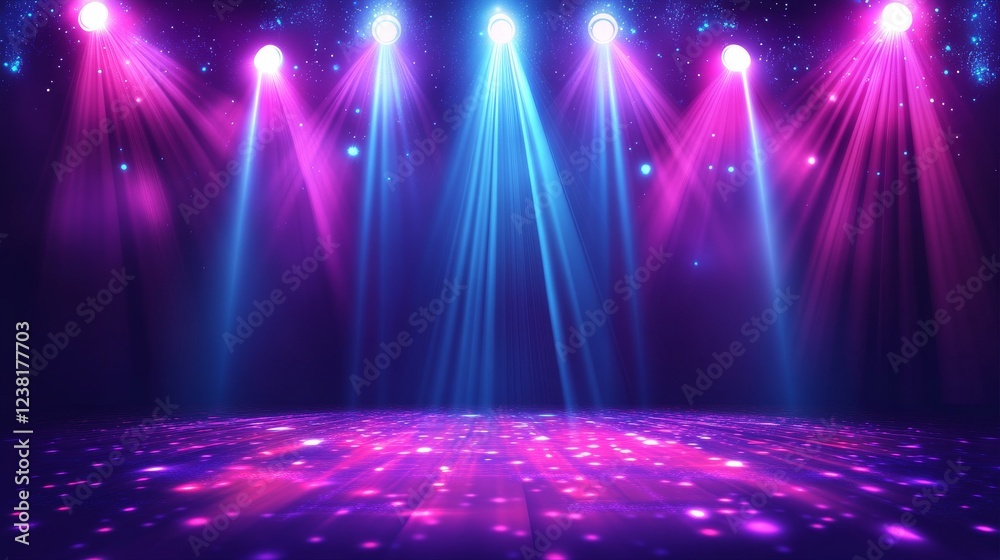 Abstract blue background with neon light rays and a glowing stage floor for product presentation. Abstract blue background with neon light rays and a glowing stage floor for product presentation.