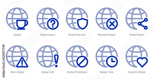 A set of 10 global icons as global, global query, global security