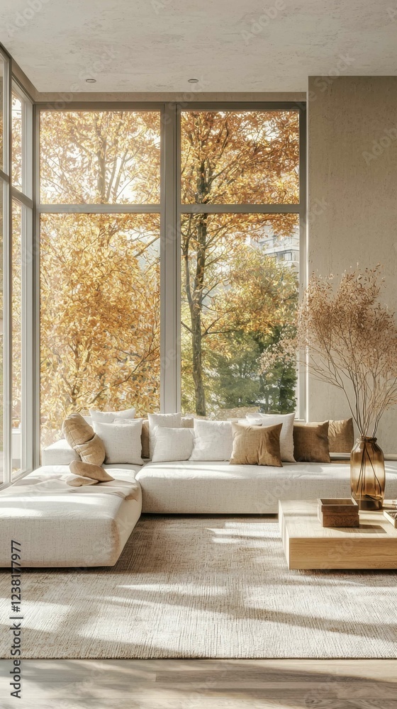 Fototapeta premium Modern Living Room with Cozy Sofa and Autumn View Through Windows