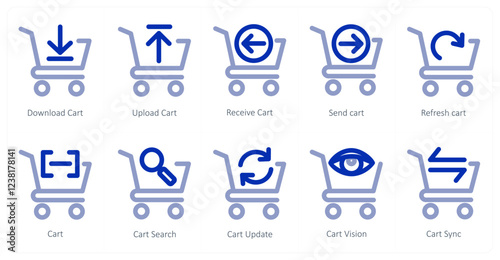 A set of 10 cart icons as download cart, upload cart, receive cart