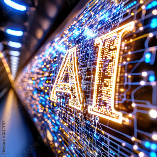 Glowing artificial intelligence AI circuitry illuminated in a futuristic digital corridor