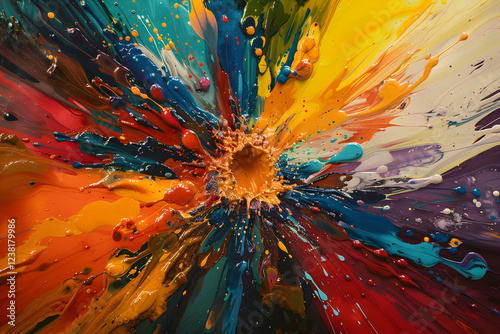 A vibrant explosion of colors radiating from a central point, showcasing dynamic paint splashes.