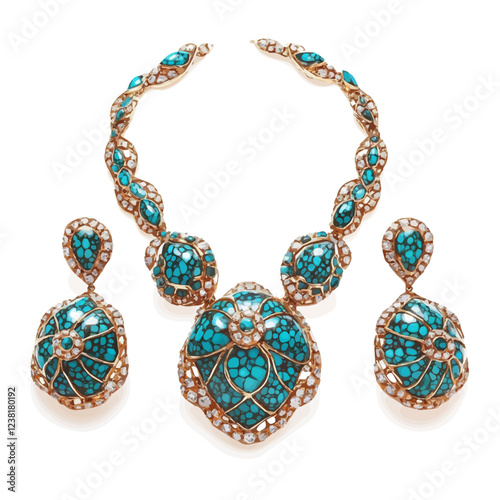 A captivating jewelry set featuring necklace and earrings adorned with Neyshabur turquoise, renowned for its vibrant blue-green hue.

