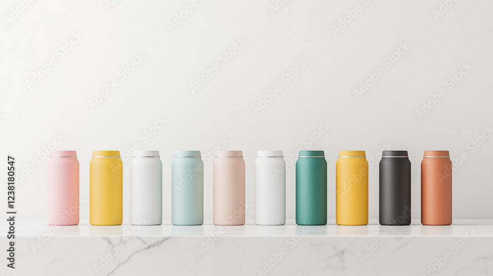 Colorful Water Bottles on Marble: A vibrant array of pastel-colored water bottles with sleek minimalist design stand in a row on a polished marble surface. Colorful Water Bottles on Marble: A vibrant array of pastel-colored water bottles with sleek minimalist design stand in a row on a polished marble surface.