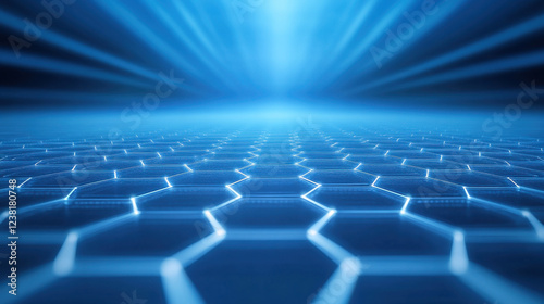 A captivating digital background featuring a blue-hued hexagonal grid that extends infinitely into the distance