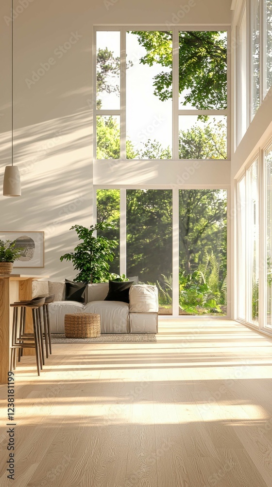 Fototapeta premium Bright and Airy Modern Living Room with Large Windows and Nature View