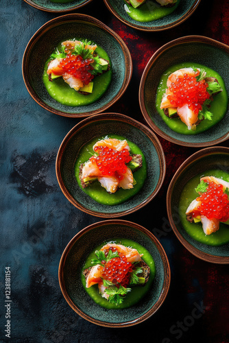 Elegant canapés featuring avocado slices, salmon roe, and seafood on crispy toast, served on wooden plates for a refined dining experience.