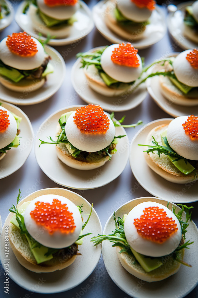 Elegant appetizer featuring poached eggs topped with salmon roe, served on mini brioche buns with avocado and fresh greens for a refined presentation. Elegant appetizer featuring poached eggs topped with salmon roe, served on mini brioche buns with avocado and fresh greens for a refined presentation.