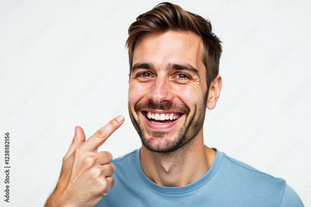 Man pointing to his white, healthy teeth, showcasing oral hygiene. Dental care, smile, healthy teeth concept. Man pointing to his white, healthy teeth, showcasing oral hygiene. Dental care, smile, healthy teeth concept.