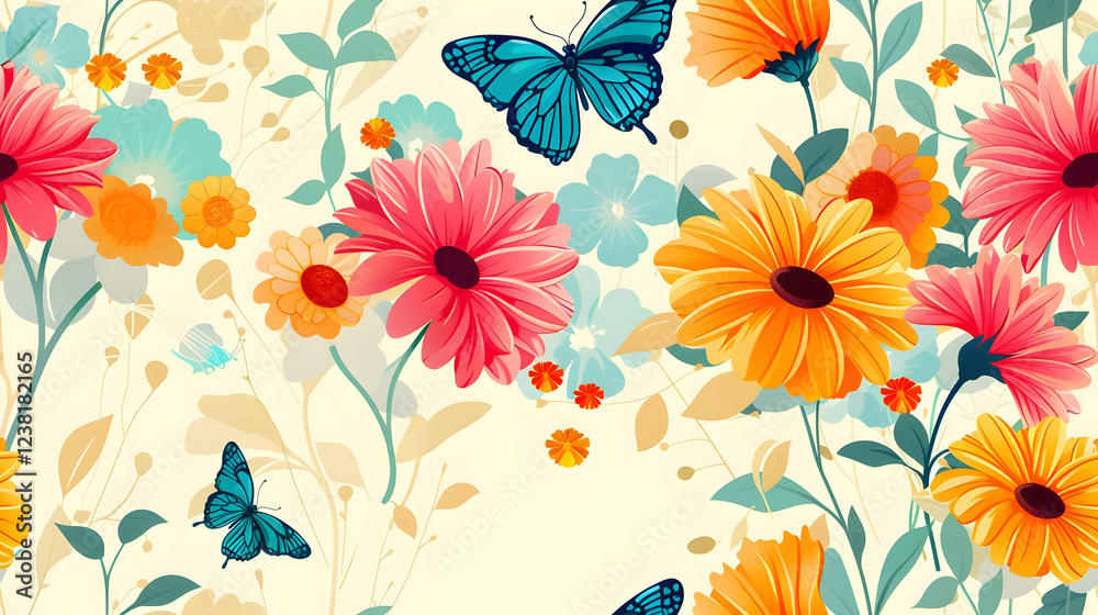 custom made wallpaper toronto digitalA vibrant floral pattern featuring colorful flowers and butterflies.