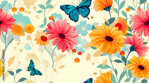 Wallpaper Mural A vibrant floral pattern featuring colorful flowers and butterflies. Torontodigital.ca