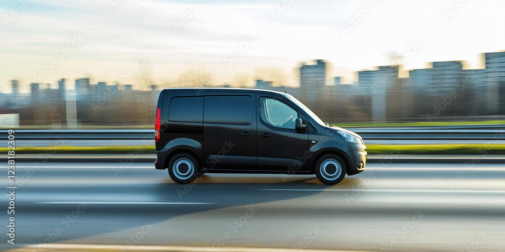 Obraz premium Black delivery van driving on urban highway during day