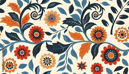 A vibrant floral pattern featuring colorful flowers and leaves on a light background.