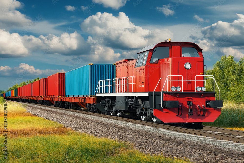 Red freight train transporting cargo through green landscape Red freight train transporting cargo through green landscape