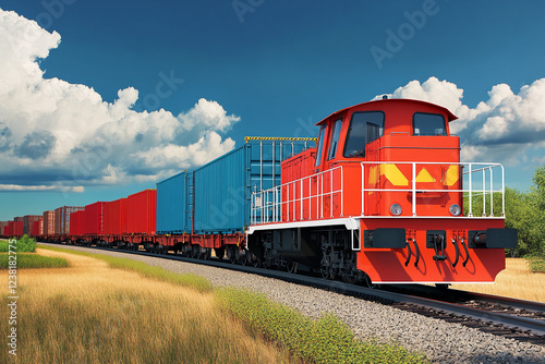 Vibrant red train transporting colorful containers on tracks