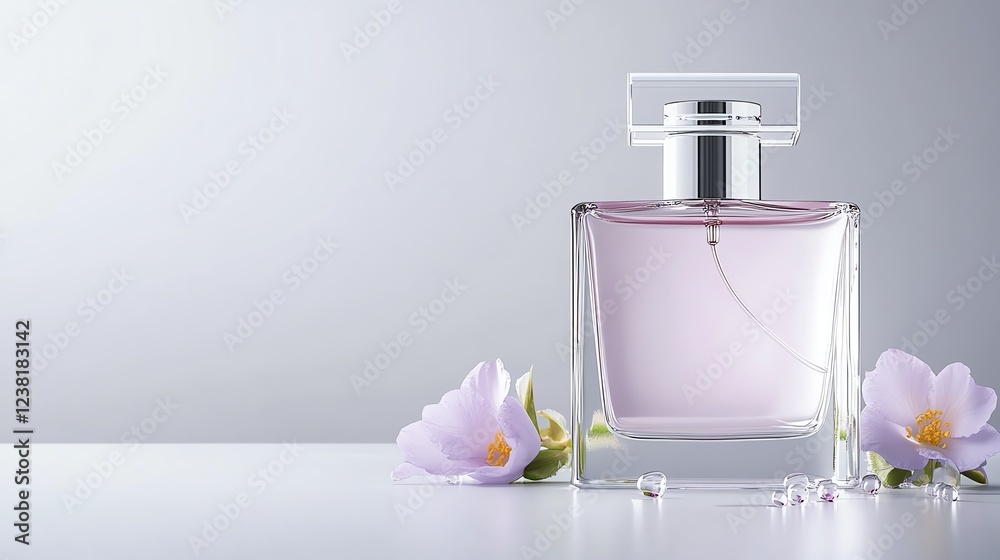 Elegant perfume bottle with delicate flowers on white background, symbolizing beauty and style. Elegant perfume bottle with delicate flowers on white background, symbolizing beauty and style.