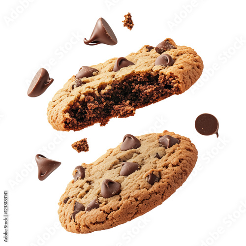 Two delicious chocolate chip cookies in mid air rich crumbly texture and melting chocolate chips isolated on png transparent background
