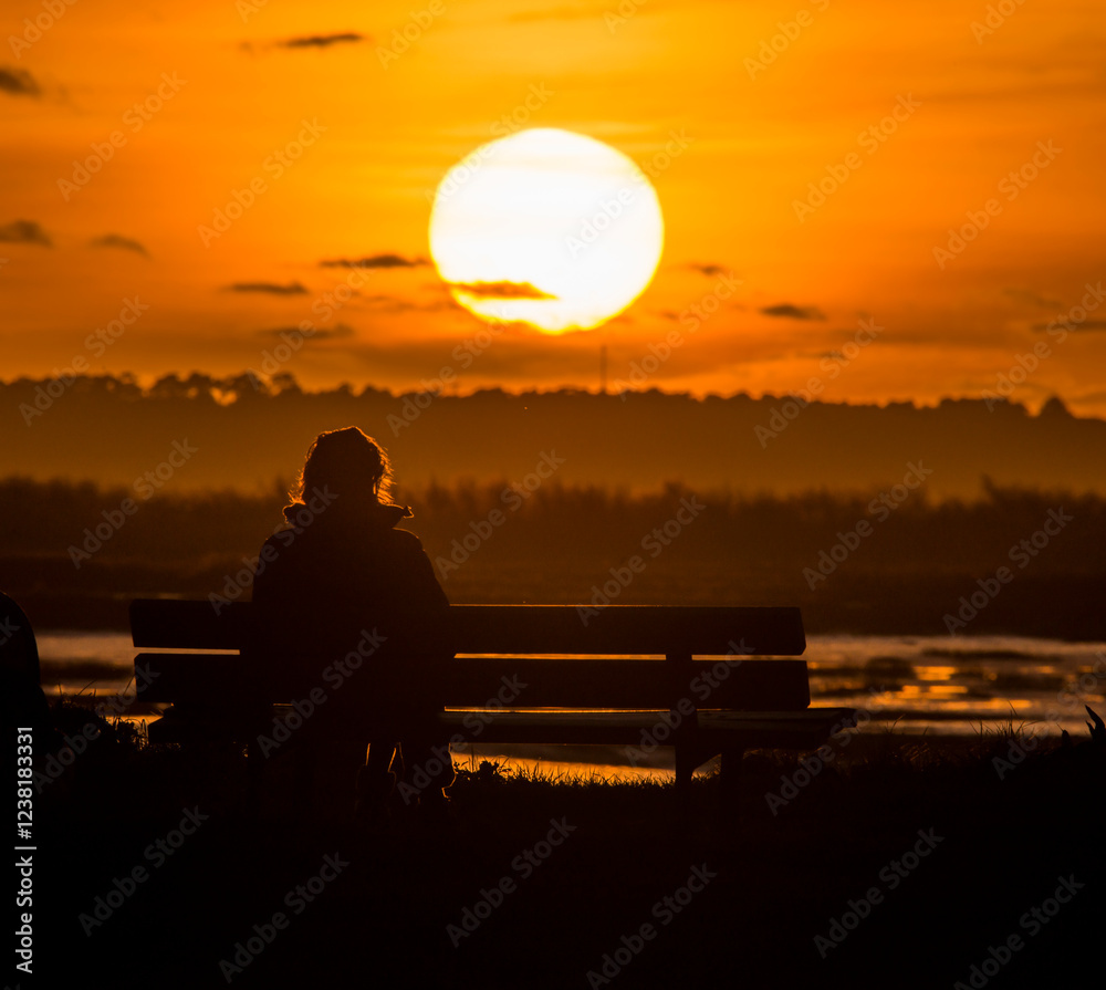 Obraz premium Femme seule assise sur un banc photographiée au téléobjectif devant un coucher de soleil
