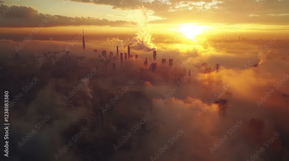 Obraz premium A birds-eye view of an industrial city at sunset, with thick layers of smog visible as sunlight struggles to pierce through the PM 2.5 haze