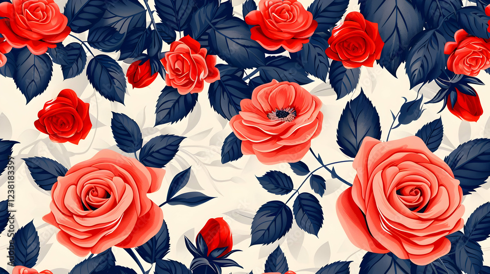 Fototapeta premium A vibrant floral pattern featuring red roses and leaves on a light background.