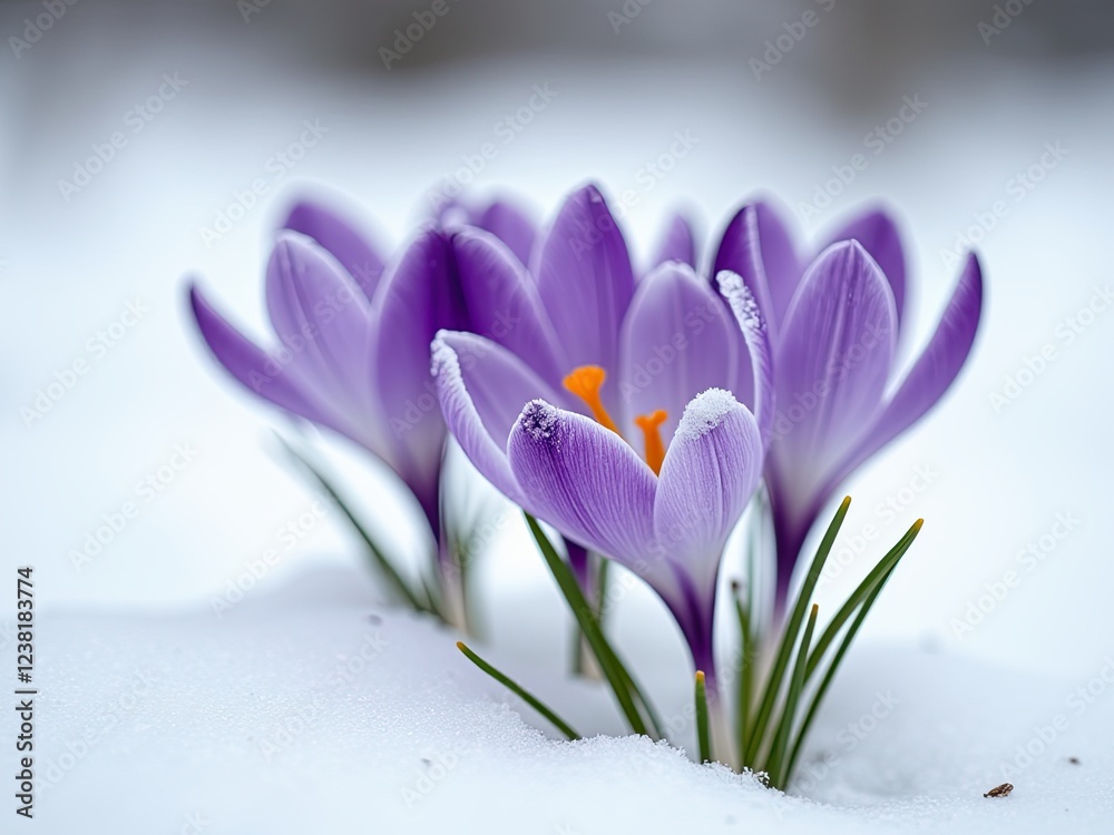 Fototapeta premium Beautiful Purple Crocuses Blooming in the Snow