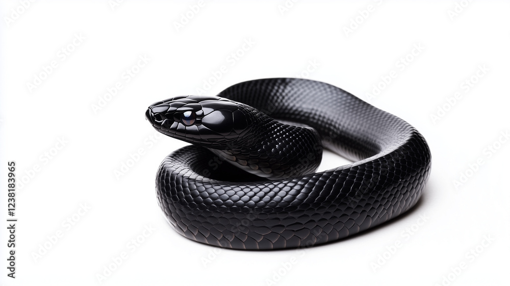 Jet Black Snake: A captivating image of a sleek, black snake coiled elegantly, showcasing its smooth scales and intense gaze. The dark. Jet Black Snake: A captivating image of a sleek, black snake coiled elegantly, showcasing its smooth scales and intense gaze. The dark.