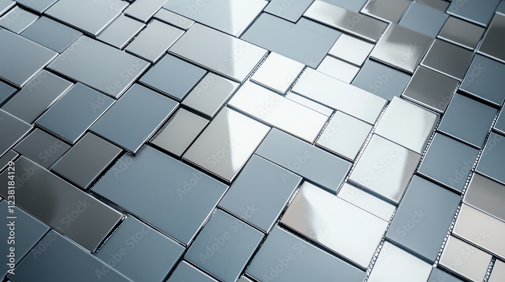 Reflective silver tiles arranged in a geometric pattern, creating a modern and sleek visual texture. Reflective silver tiles arranged in a geometric pattern, creating a modern and sleek visual texture.