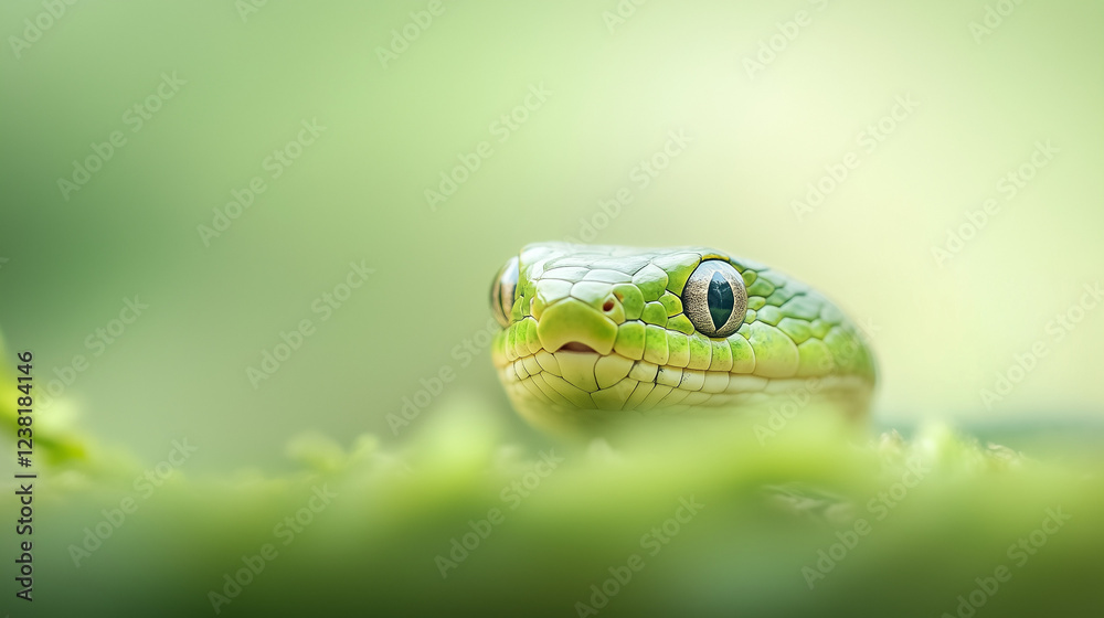 Green Snake Close Up: A vibrant green snake peeks from behind lush green foliage, its curious gaze captivating the viewer. The soft focus background enhances the snake's striking features. Green Snake Close Up: A vibrant green snake peeks from behind lush green foliage, its curious gaze captivating the viewer. The soft focus background enhances the snake's striking features.
