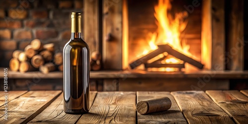 A wine bottle with a cork stopper on a rustic wooden table in front of a warm fireplace , fire, wine photo