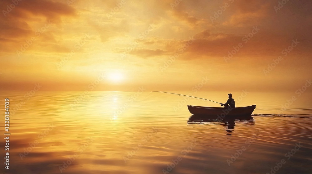 Obraz premium Serene sunset fishing scene with lone fisherman casting line into calm ocean waters, orange and gold sky reflection, nature’s beauty.