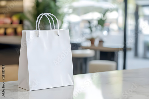 blank shopping bag placed on counter in retail environment, evoking sense of anticipation and excitement