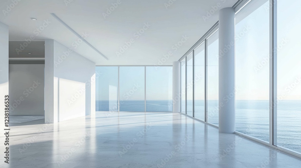 Fototapeta premium Bright and Spacious Modern Room with Ocean View and Large Windows