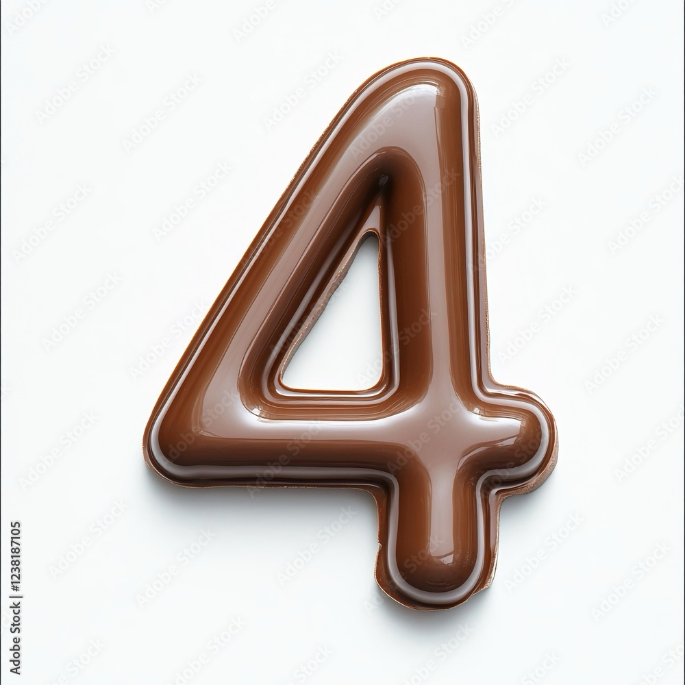 Numero '4' di cioccolato al latte, liscio e lucido, contorno netto, fotografia su sfondo bianco Numero '4' di cioccolato al latte, liscio e lucido, contorno netto, fotografia su sfondo bianco
