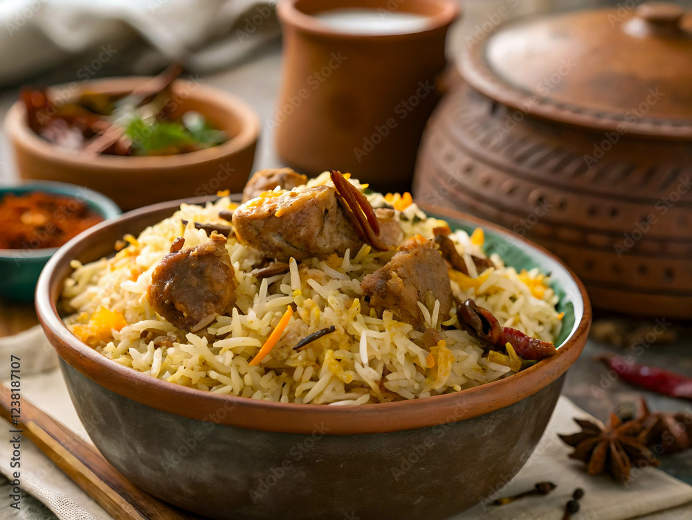 A bowl filled with a hearty meal of rice and meat, accompanied by a side of spices. The bowl is placed on a cloth, and there are other bowls and containers in the background, suggesting a home-cooked A bowl filled with a hearty meal of rice and meat, accompanied by a side of spices. The bowl is placed on a cloth, and there are other bowls and containers in the background, suggesting a home-cooked