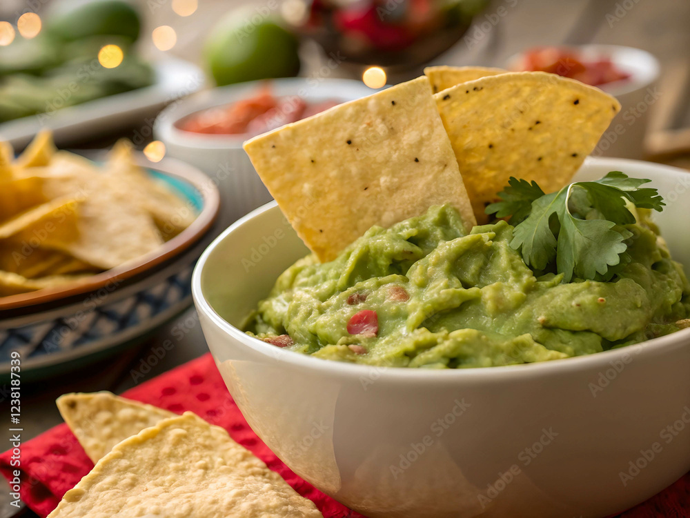 A bowl of guacamole garnished with cilantro, accompanied by tortilla chips. The bowl is placed on a red cloth, and the background is slightly blurred, revealing other bowls and fruits.