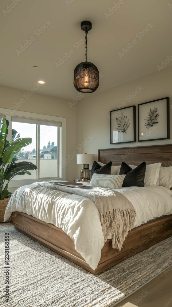 Fototapeta premium Modern cozy bedroom with stylish decor and natural lighting