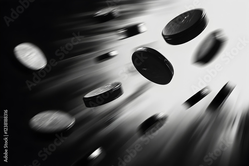 Dynamic motion trails surround stylized black and white ice hockey pucks in dramatic flight against a plain background concept