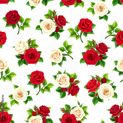 Seamless floral pattern with red and white rose flowers and green leaves on a white background. Vector floral print 